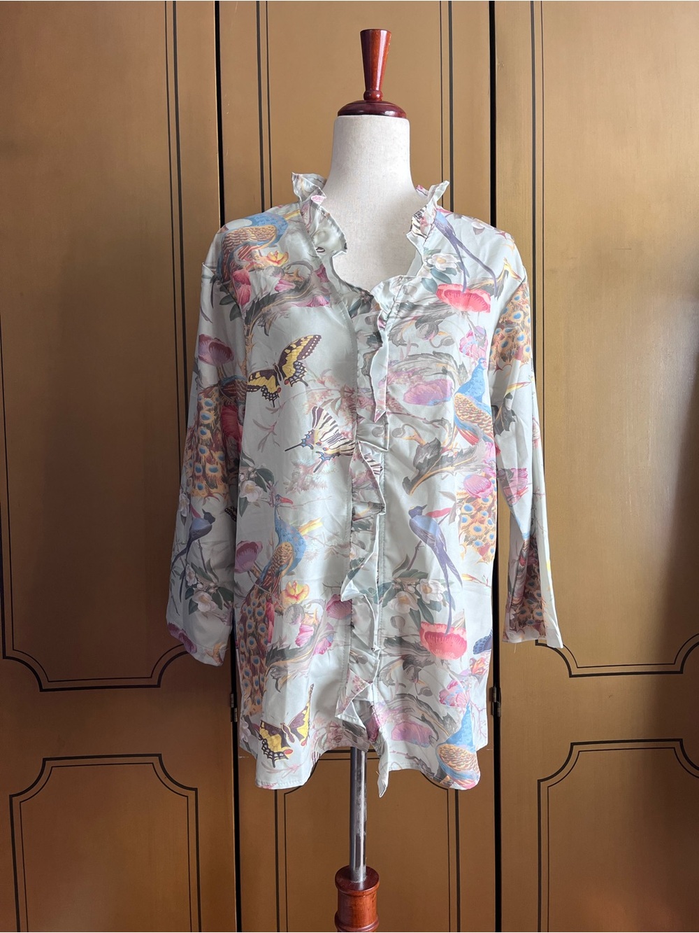 Ruffled Botanical Print Blouse - Soft Sage Multi